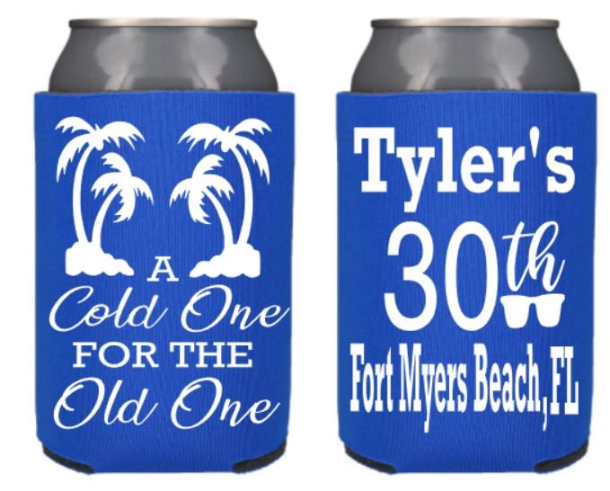 Personalized 30th Birthday Can Coolers: Palm Tree Party Favors