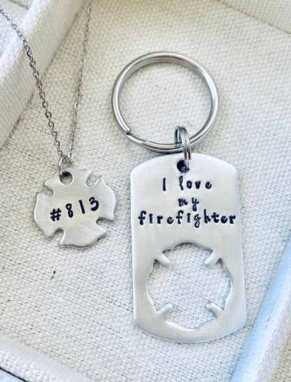 I love My Firefighter Personalized Firefighter gift, Firefighter Gift Keychain set, Firefighter wife, Firefighter Girlfriend, Maltese Cross