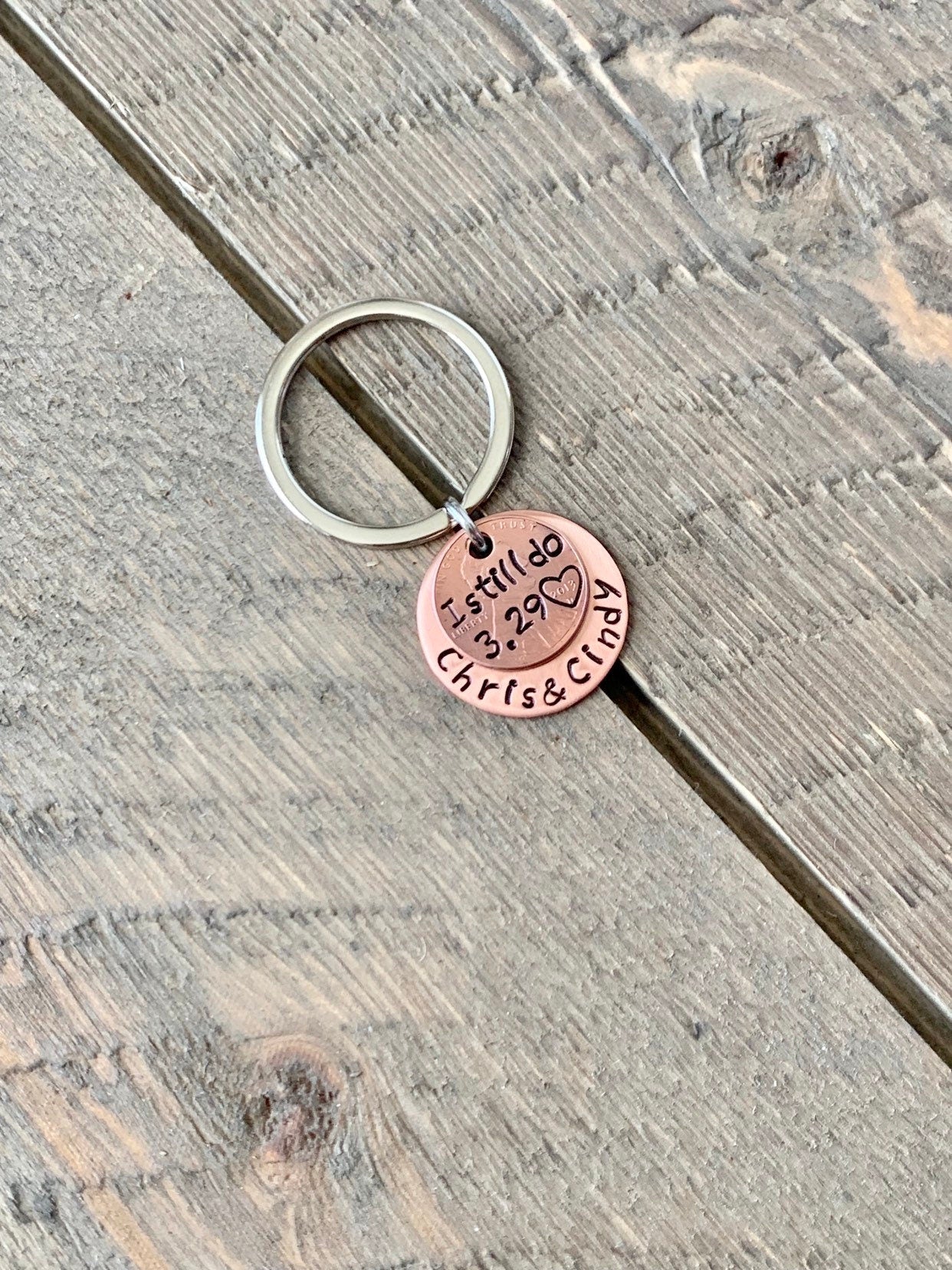 Custom Penny Keychain “I Still Do” | Anniversary Gift for Husband or Wife | Hand-Stamped Copper Disc with Names & Date