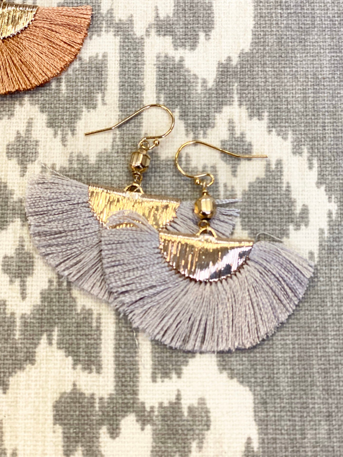 Gray Earrings Statement earrings Fan tassel earrings Half moon earrings Geometric earrings Fringe earrings Semi circle earring