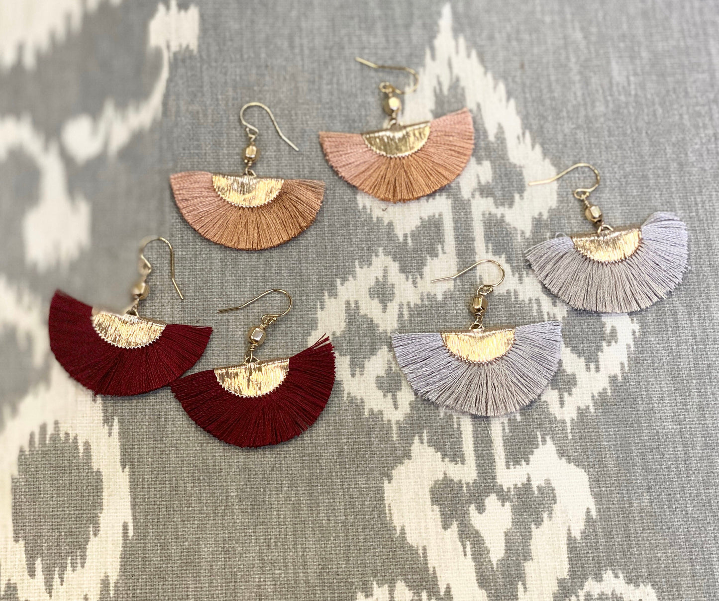 Gray Earrings Statement earrings Fan tassel earrings Half moon earrings Geometric earrings Fringe earrings Semi circle earring
