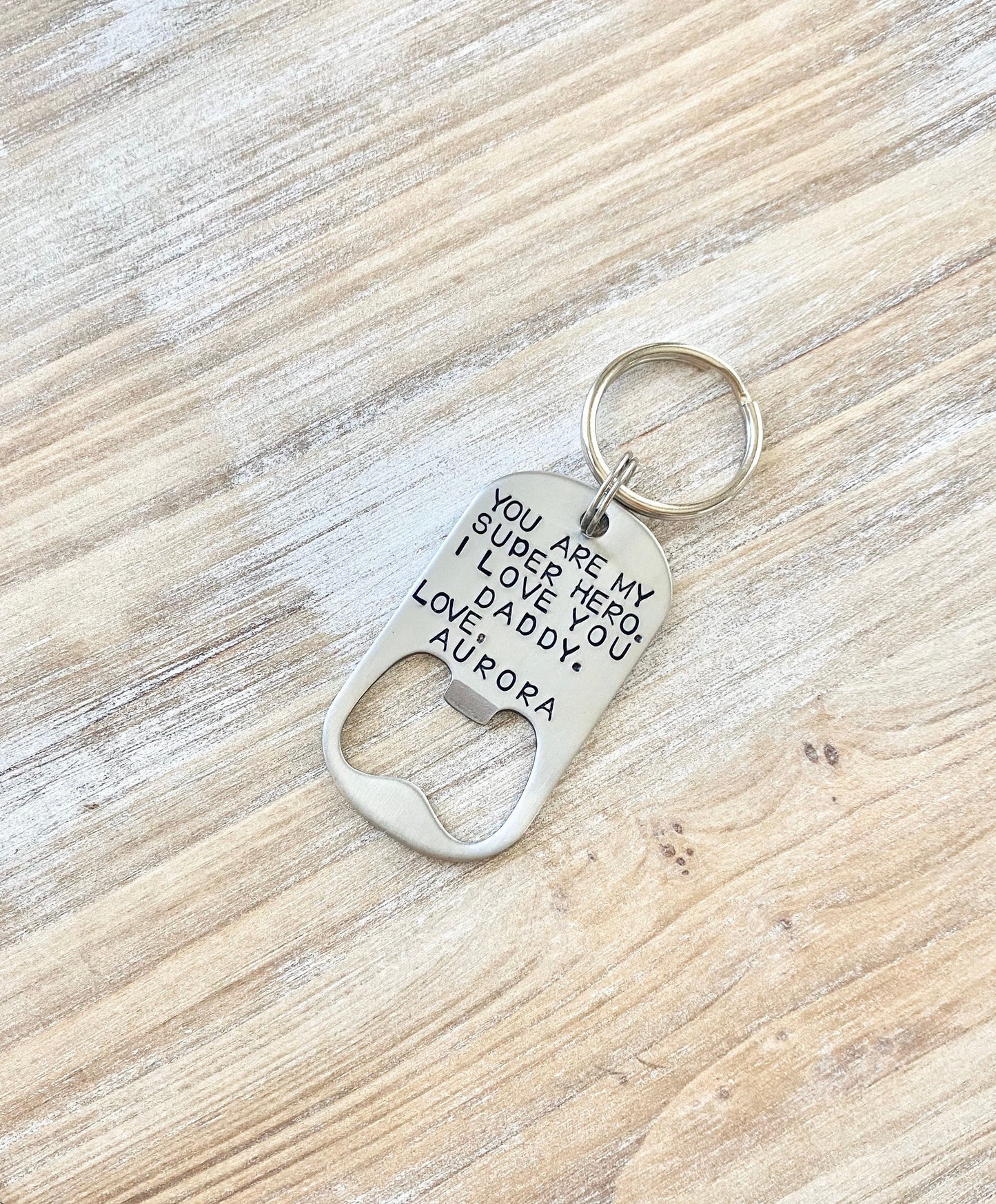 Bottle Opener Keychain Custom Keychain Handstamped Keychain Personalized Keychain New Dad Gift Super Hero Keychain Guy Keychain