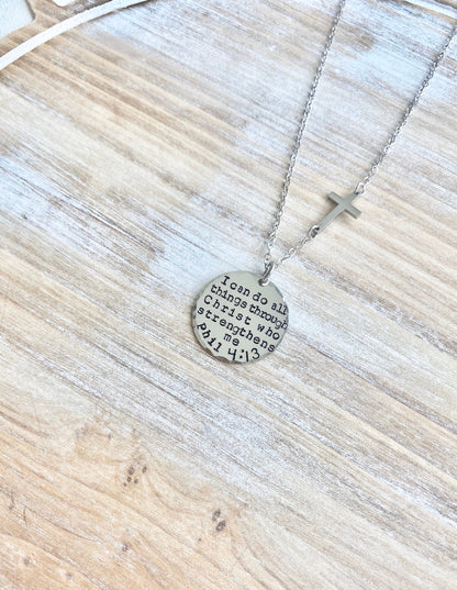 I Can Do All Things Through Christ Who Strengthens Me Necklace Baptism Necklace First Communion Necklace Handstamped Necklace Sideways Cross