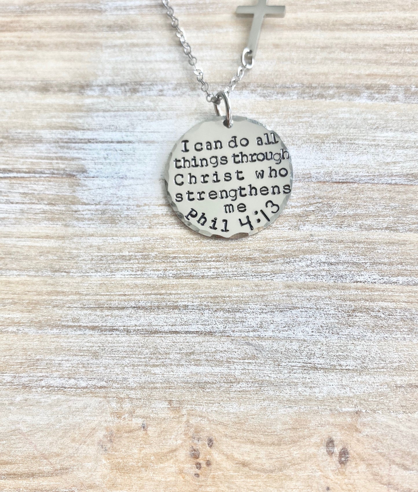 I Can Do All Things Through Christ Who Strengthens Me Necklace Baptism Necklace First Communion Necklace Handstamped Necklace Sideways Cross