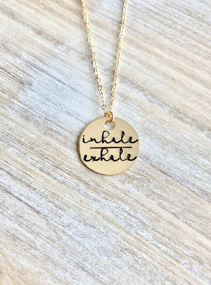 Gold Handstamped Necklace Gold Mom Necklace inhale exhale Necklace Gift for Mom Gold filled Jewelry Gold Name Jewelry 14K Gold