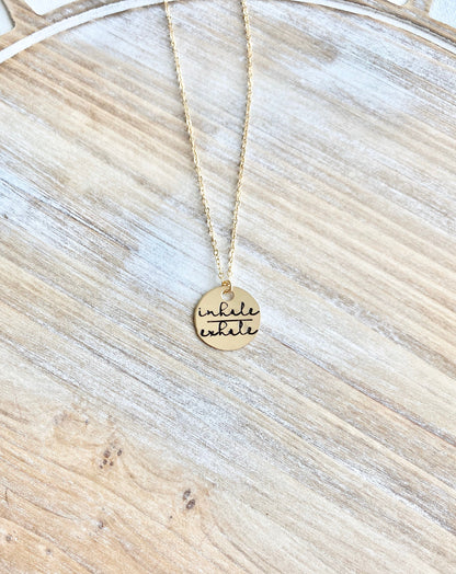 Gold Handstamped Necklace Gold Mom Necklace inhale exhale Necklace Gift for Mom Gold filled Jewelry Gold Name Jewelry 14K Gold