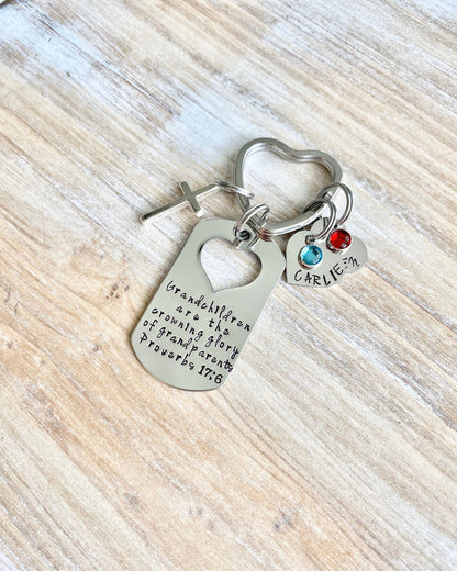 Grandchildren Keychain Grandparents Gift Proverbs 17:6 Keychain Handstamped Keychain Custom Keychain Crowning Glory Keychain