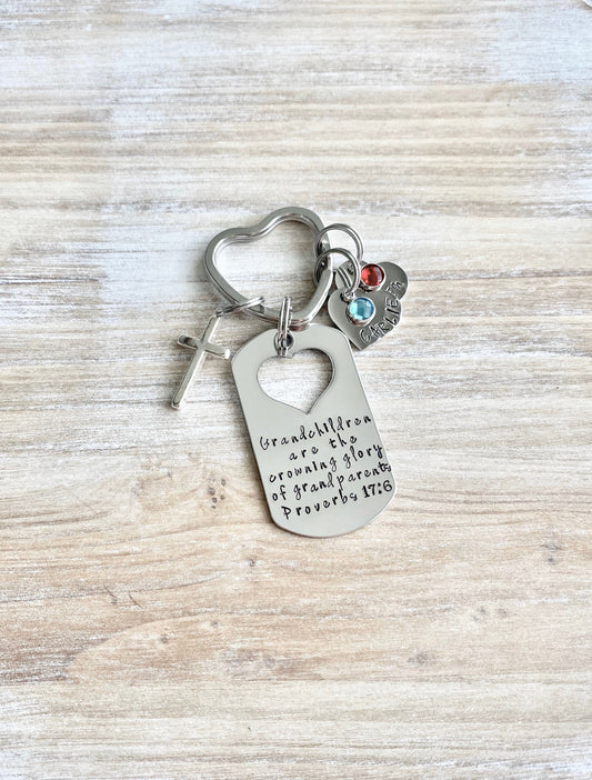 Grandchildren Keychain Grandparents Gift Proverbs 17:6 Keychain Handstamped Keychain Custom Keychain Crowning Glory Keychain