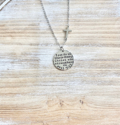 I Can Do All Things Through Christ Who Strengthens Me Necklace Baptism Necklace First Communion Necklace Handstamped Necklace Sideways Cross