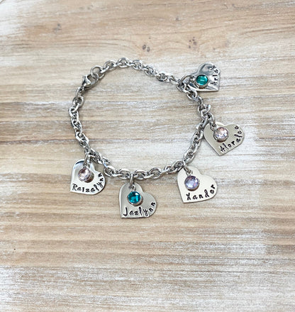 Personalized Heart Charm Bracelet Grandma Bracelet Grandchild Bracelet Handstamped Jewelry Mom Charm Bracelet Grandma Gift Mothers Day Gift