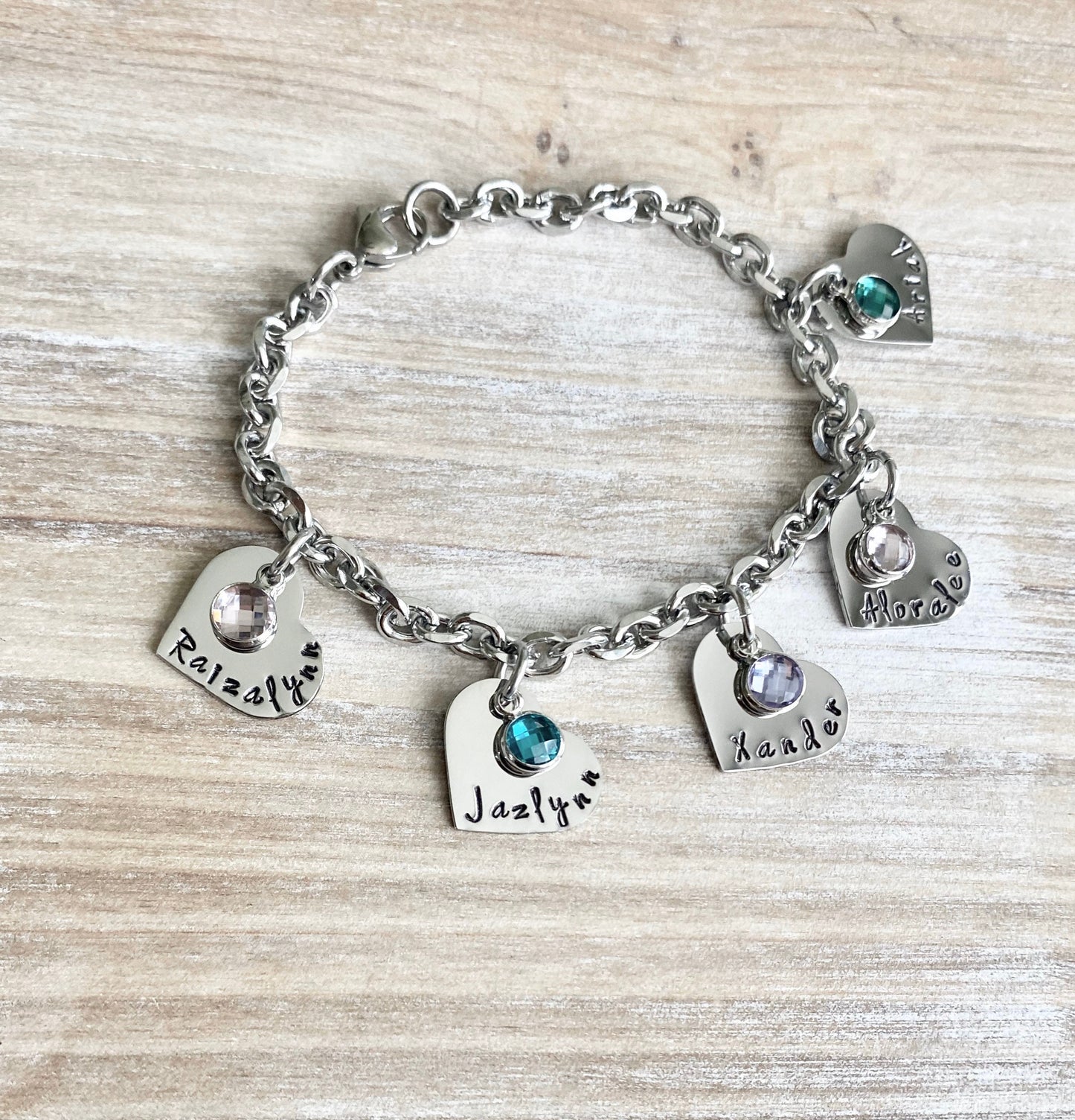Personalized Heart Charm Bracelet Grandma Bracelet Grandchild Bracelet Handstamped Jewelry Mom Charm Bracelet Grandma Gift Mothers Day Gift