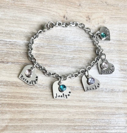 Personalized Heart Charm Bracelet Grandma Bracelet Grandchild Bracelet Handstamped Jewelry Mom Charm Bracelet Grandma Gift Mothers Day Gift