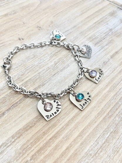 Personalized Heart Charm Bracelet Grandma Bracelet Grandchild Bracelet Handstamped Jewelry Mom Charm Bracelet Grandma Gift Mothers Day Gift