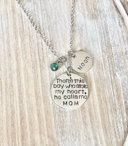 Mom Necklace Theres this boy who stole my heart Handstamped Necklace Personalize Jewelry Mother Day Gift Valentines Day Gift Custom Necklace