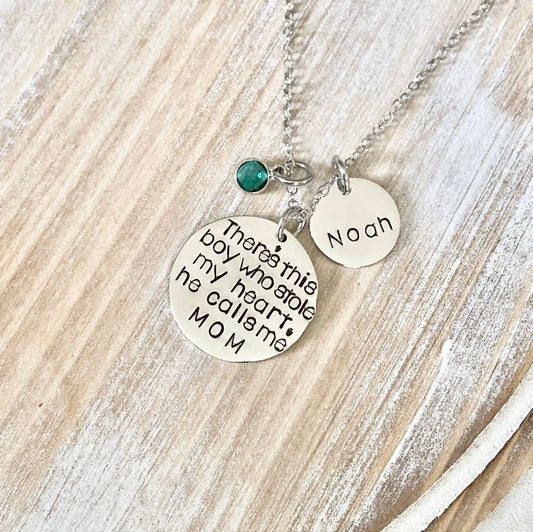 Mom Necklace Theres this boy who stole my heart Handstamped Necklace Personalize Jewelry Mother Day Gift Valentines Day Gift Custom Necklace
