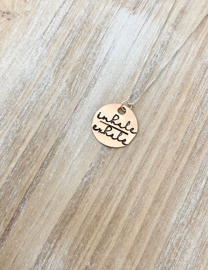 Rose Gold Handstamped Necklace Gold Mom Necklace inhale exhale Necklace Gift for Mom Gold filled Jewelry Gold Name Jewelry 14K Rose Gold