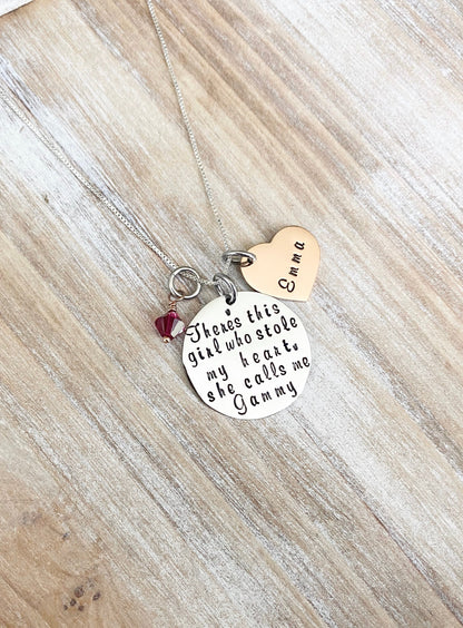 Gammy Necklace Theres this girl who stole my heart Handstamped Necklace Personalize Jewelry Mothers Day Gift Grandma Jewelry Custom Necklace