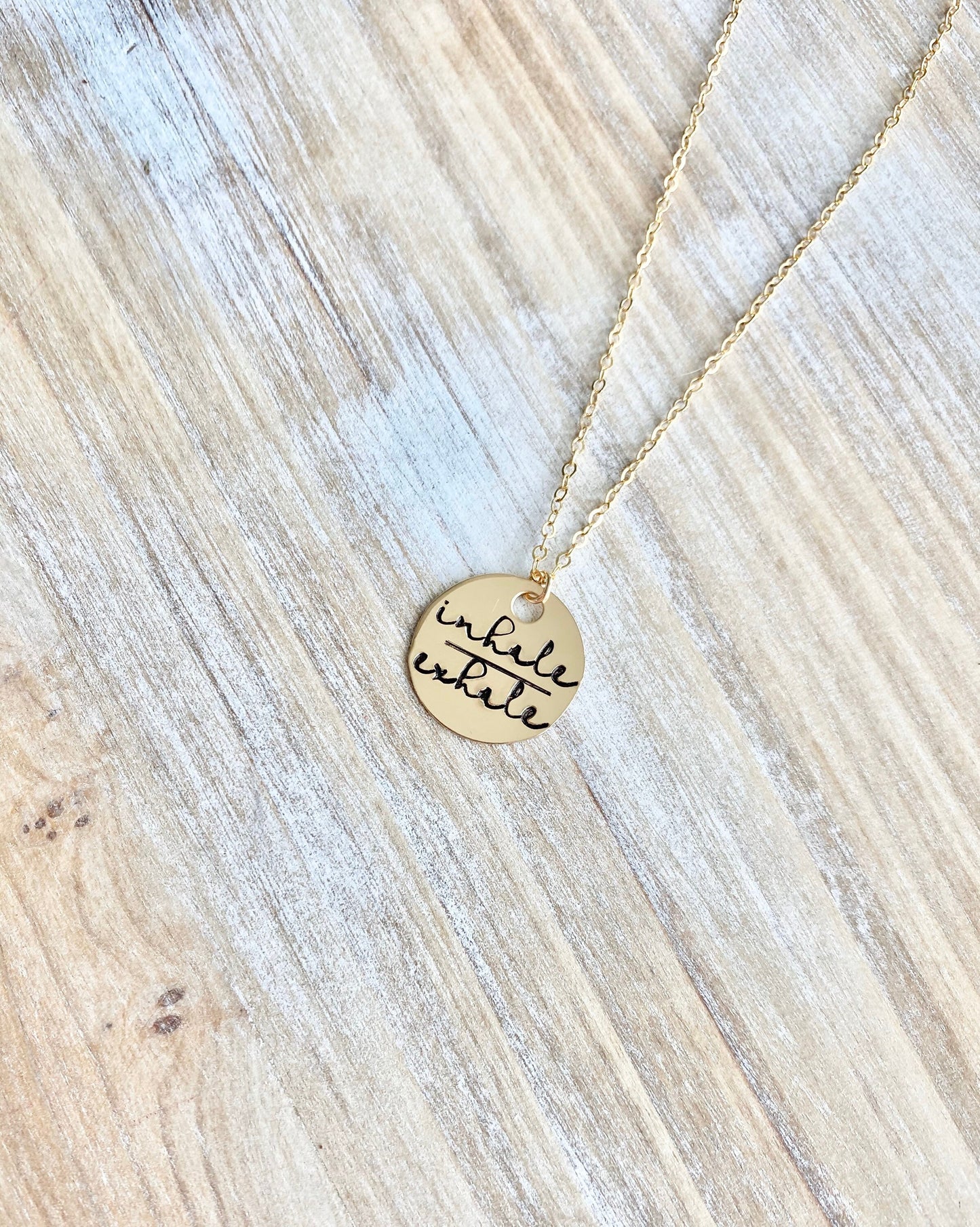 Gold Handstamped Necklace Gold Mom Necklace inhale exhale Necklace Gift for Mom Gold filled Jewelry Gold Name Jewelry 14K Gold