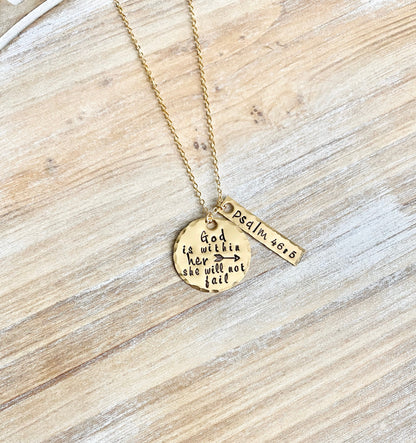 God Is Within Her She Will Not Fail Psalm 46:5 Bible Verse Necklace Scripture Necklace Hand Stamped Gold Filled Necklace Christian Jewelry