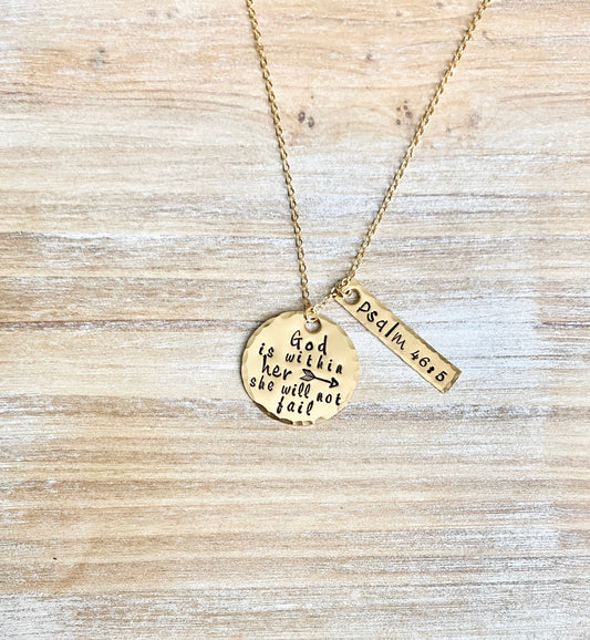God Is Within Her She Will Not Fail Psalm 46:5 Bible Verse Necklace Scripture Necklace Hand Stamped Gold Filled Necklace Christian Jewelry