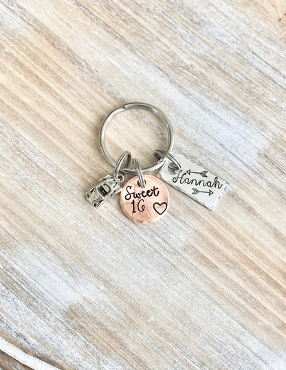 New Car Keychain,Personalized Sweet 16 Keychain, New Driver Keychain, Sweet Sixteenth Birthday Gift, Sweet 16 Gifts, Gifts For Daughter
