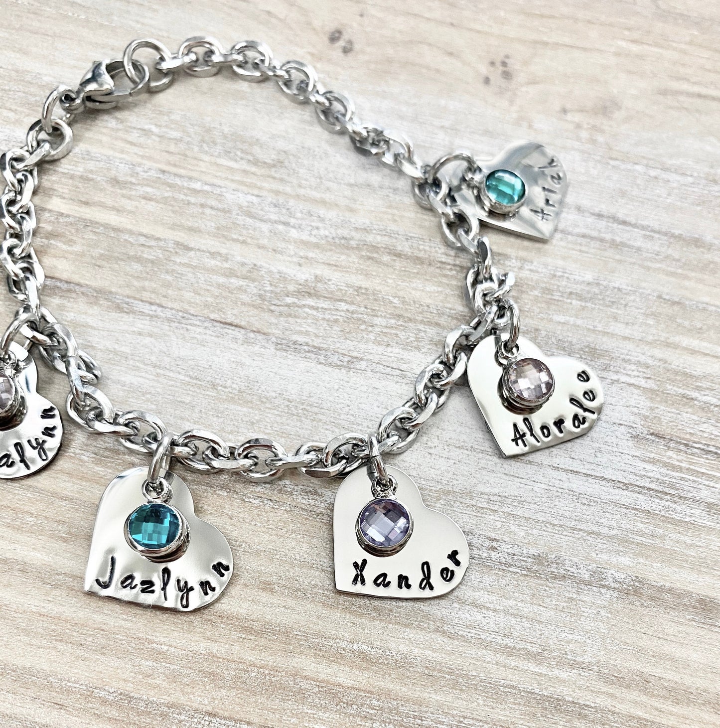 Personalized Heart Charm Bracelet Grandma Bracelet Grandchild Bracelet Handstamped Jewelry Mom Charm Bracelet Grandma Gift Mothers Day Gift