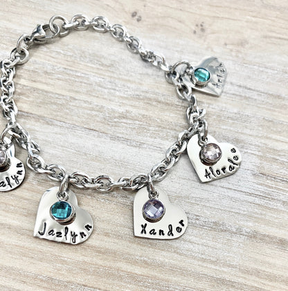 Personalized Heart Charm Bracelet Grandma Bracelet Grandchild Bracelet Handstamped Jewelry Mom Charm Bracelet Grandma Gift Mothers Day Gift