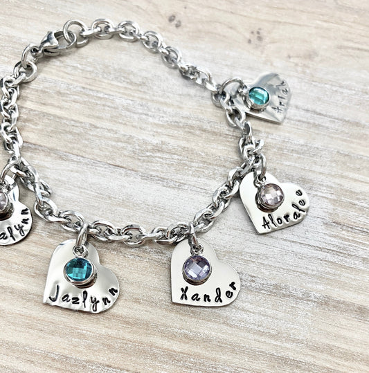 Personalized Heart Charm Bracelet Grandma Bracelet Grandchild Bracelet Handstamped Jewelry Mom Charm Bracelet Grandma Gift Mothers Day Gift