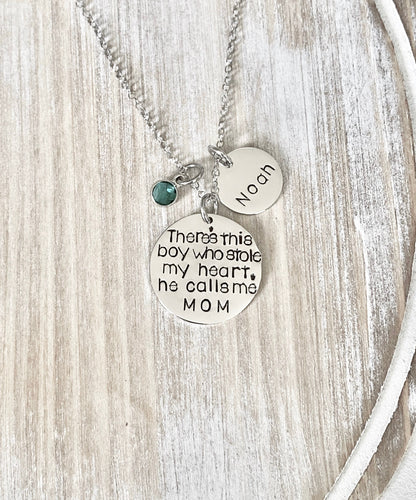 Mom Necklace Theres this boy who stole my heart Handstamped Necklace Personalize Jewelry Mother Day Gift Valentines Day Gift Custom Necklace