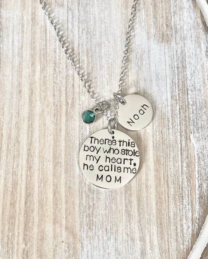 Mom Necklace Theres this boy who stole my heart Handstamped Necklace Personalize Jewelry Mother Day Gift Valentines Day Gift Custom Necklace