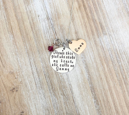 Gammy Necklace Theres this girl who stole my heart Handstamped Necklace Personalize Jewelry Mothers Day Gift Grandma Jewelry Custom Necklace