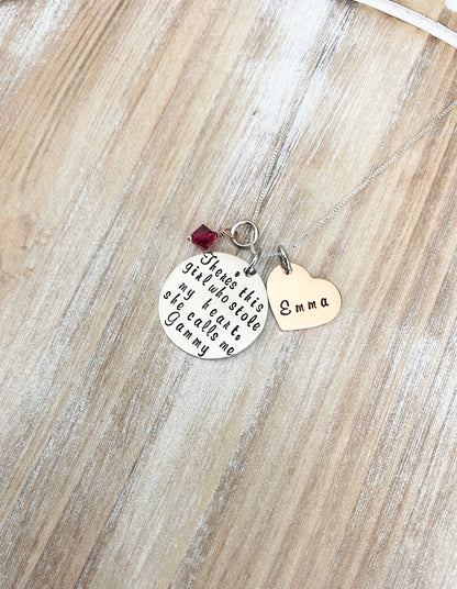 Gammy Necklace Theres this girl who stole my heart Handstamped Necklace Personalize Jewelry Mothers Day Gift Grandma Jewelry Custom Necklace
