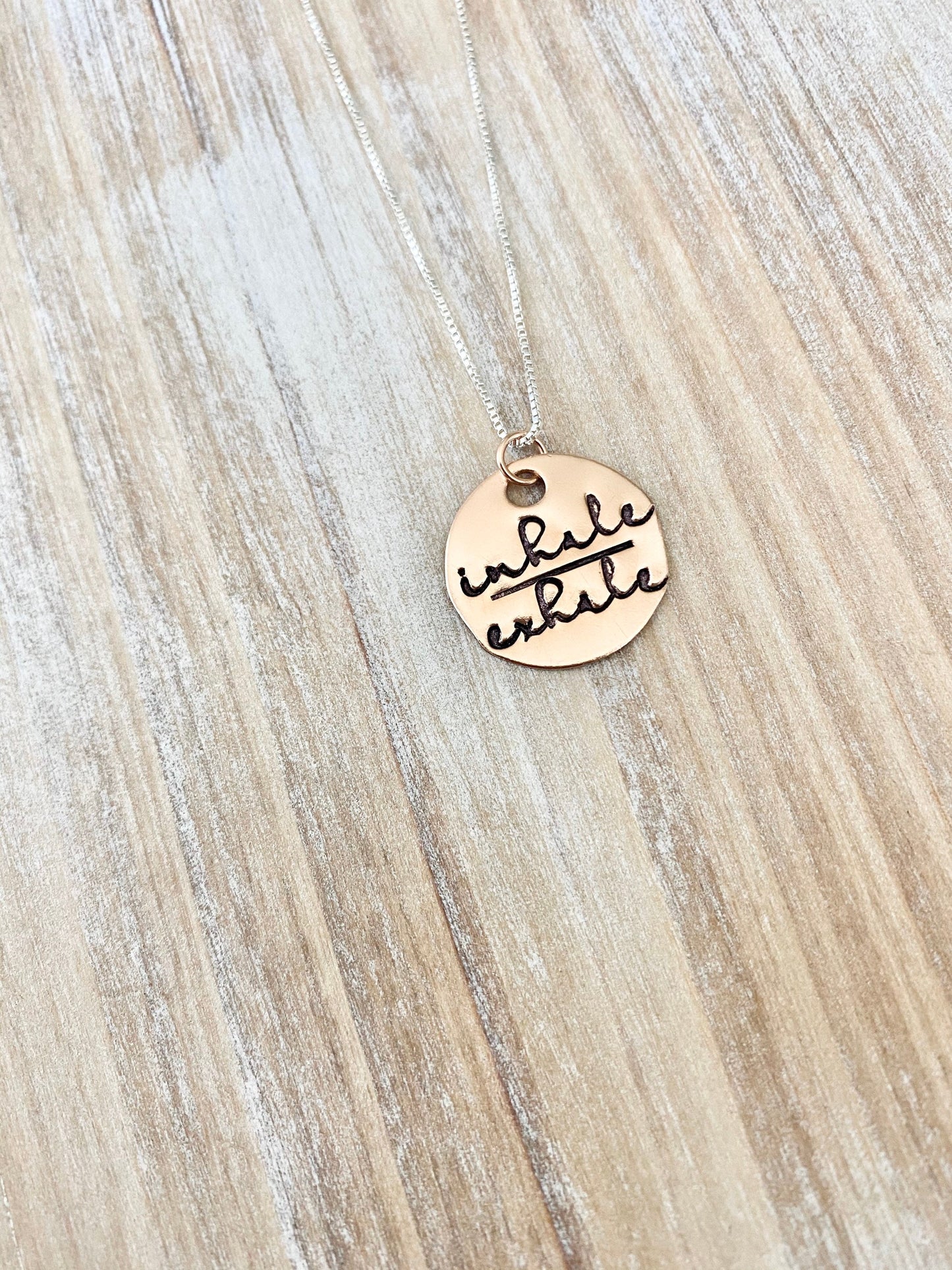 Rose Gold Handstamped Necklace Gold Mom Necklace inhale exhale Necklace Gift for Mom Gold filled Jewelry Gold Name Jewelry 14K Rose Gold
