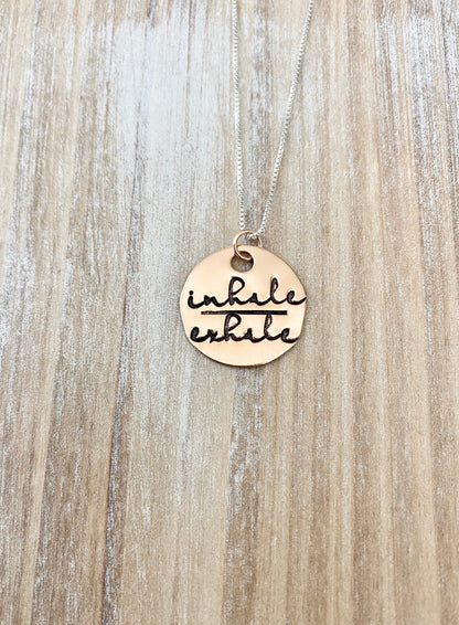 Rose Gold Handstamped Necklace Gold Mom Necklace inhale exhale Necklace Gift for Mom Gold filled Jewelry Gold Name Jewelry 14K Rose Gold