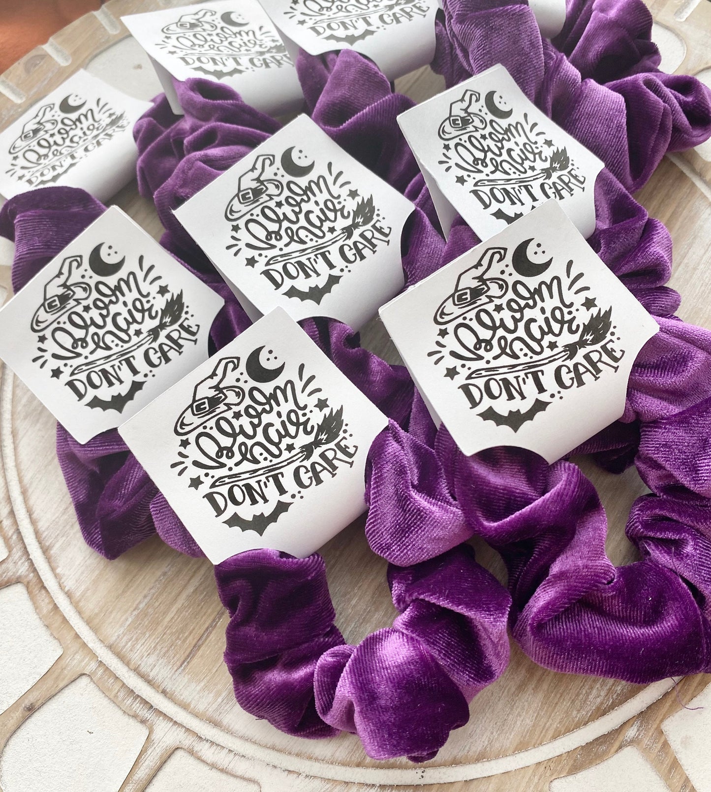 Halloween Scrunchie- Broom Hair Don't Care Favor- Purple Halloween Scrunchy- Trick or Treat Favors, Girls Halloween Party, Witches Party
