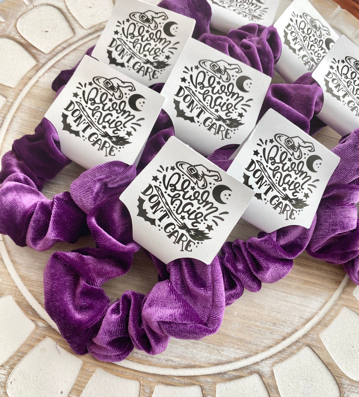 Halloween Scrunchie- Broom Hair Don't Care Favor- Purple Halloween Scrunchy- Trick or Treat Favors, Girls Halloween Party, Witches Party