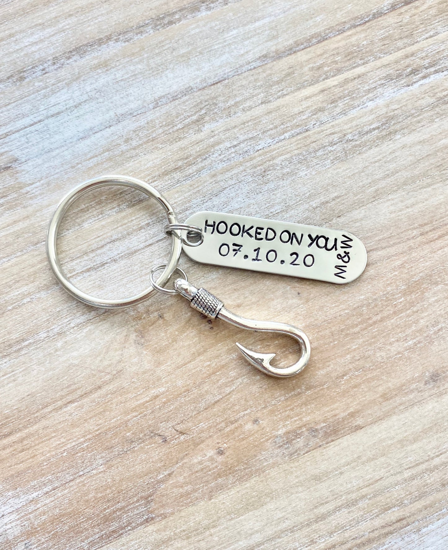 Hooked On You Keychain Couples Keychain Initials Keychain Anniversary Keychain Custom Hand Stamped Fishing Keychain Mens Anniversary Gift