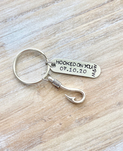 Hooked On You Keychain Couples Keychain Initials Keychain Anniversary Keychain Custom Hand Stamped Fishing Keychain Mens Anniversary Gift