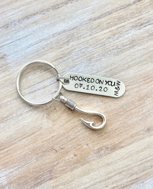 Hooked On You Keychain Couples Keychain Initials Keychain Anniversary Keychain Custom Hand Stamped Fishing Keychain Mens Anniversary Gift