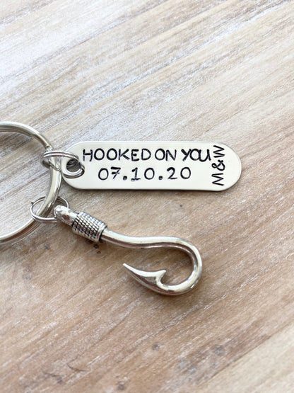 Hooked On You Keychain Couples Keychain Initials Keychain Anniversary Keychain Custom Hand Stamped Fishing Keychain Mens Anniversary Gift