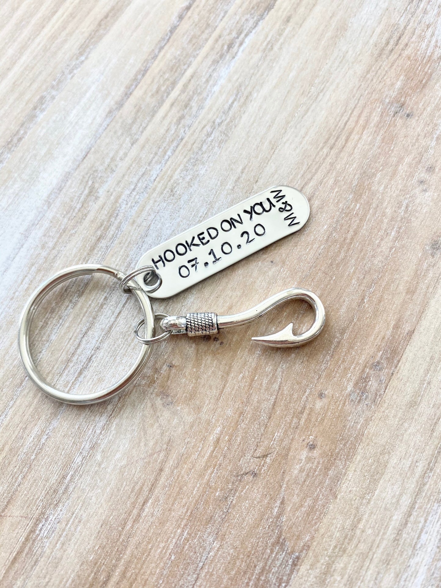 Hooked On You Keychain Couples Keychain Initials Keychain Anniversary Keychain Custom Hand Stamped Fishing Keychain Mens Anniversary Gift