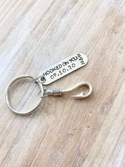 Hooked On You Keychain Couples Keychain Initials Keychain Anniversary Keychain Custom Hand Stamped Fishing Keychain Mens Anniversary Gift
