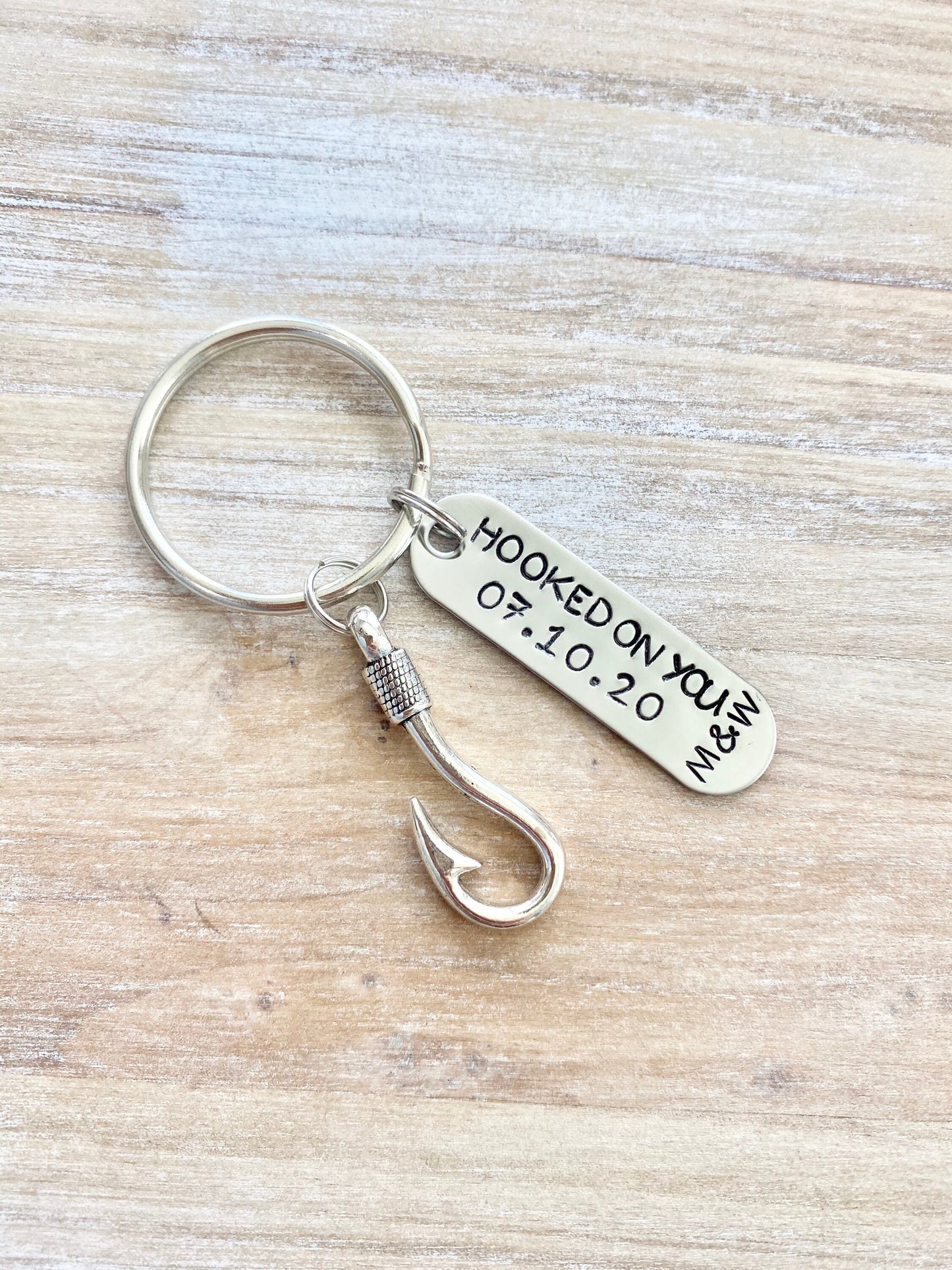 Hooked On You Keychain Couples Keychain Initials Keychain Anniversary Keychain Custom Hand Stamped Fishing Keychain Mens Anniversary Gift