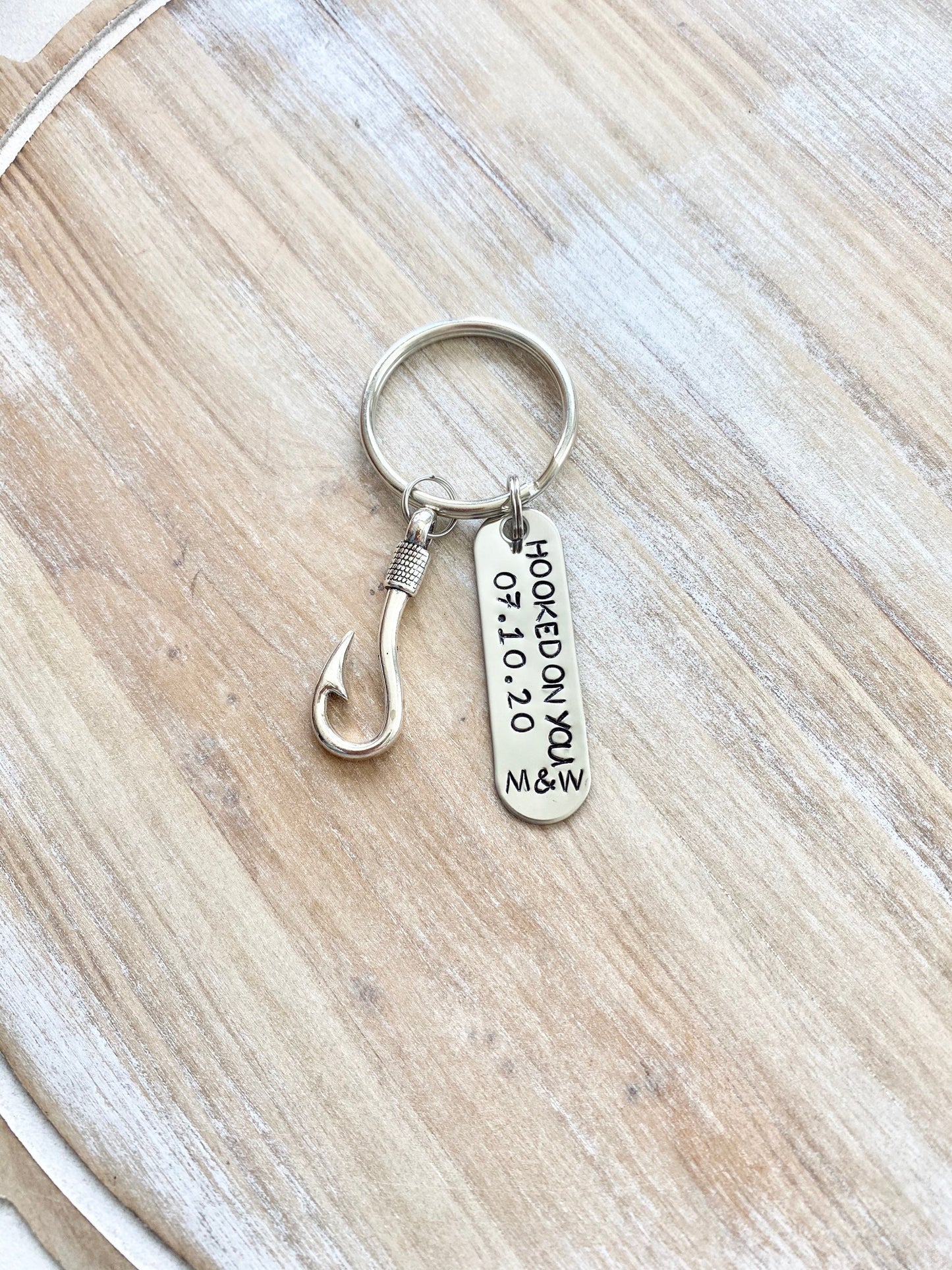 Hooked On You Keychain Couples Keychain Initials Keychain Anniversary Keychain Custom Hand Stamped Fishing Keychain Mens Anniversary Gift