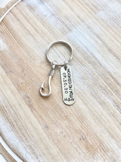 Hooked On You Keychain Couples Keychain Initials Keychain Anniversary Keychain Custom Hand Stamped Fishing Keychain Mens Anniversary Gift