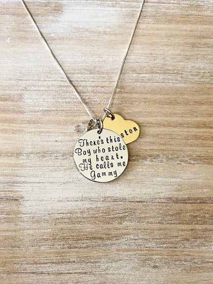 Gammy Necklace Theres this boy who stole my heart Handstamped Necklace Personalize Jewelry Mothers Day Gift Grandma Jewelry Custom Necklace