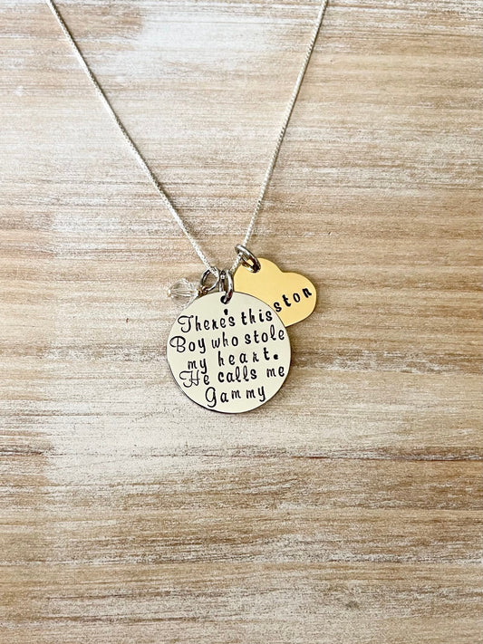 Gammy Necklace Theres this boy who stole my heart Handstamped Necklace Personalize Jewelry Mothers Day Gift Grandma Jewelry Custom Necklace