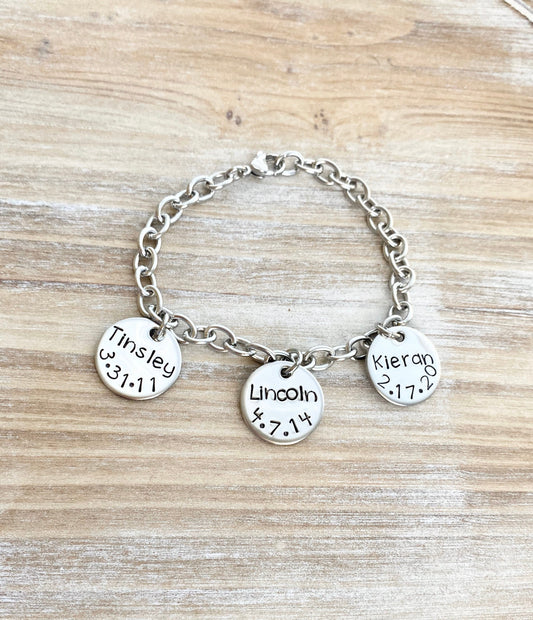 Mother Charm Bracelet Grandma Charm Bracelet Grandchildren Name Bracelet Handstamped Bracelet Personalized Bracelet Handstamped Jewelry