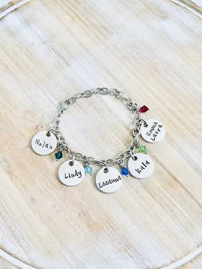 Personalized Charm Bracelet Grandma Bracelet Grandchild Bracelet Handstamped Jewelry Birthstone Jewelry Mom Charm Bracelet Grandma Gift