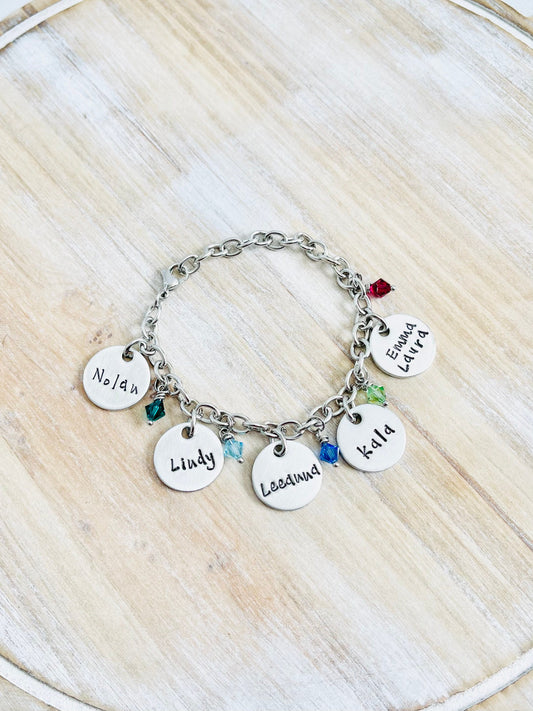 Personalized Charm Bracelet Grandma Bracelet Grandchild Bracelet Handstamped Jewelry Birthstone Jewelry Mom Charm Bracelet Grandma Gift